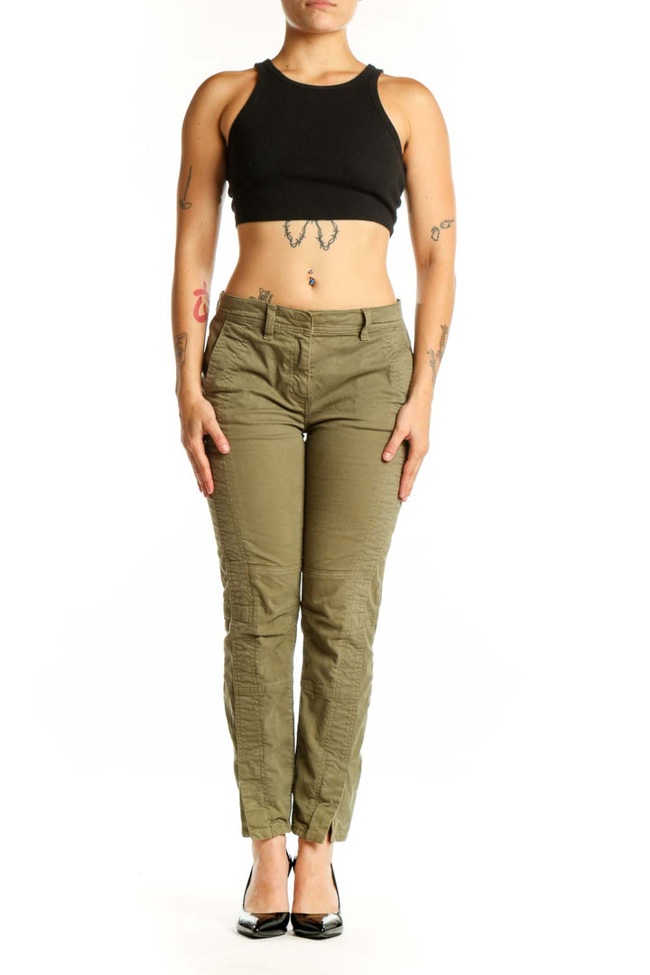 Front view of olive green cargo pants with textured weave and cargo pockets, size M