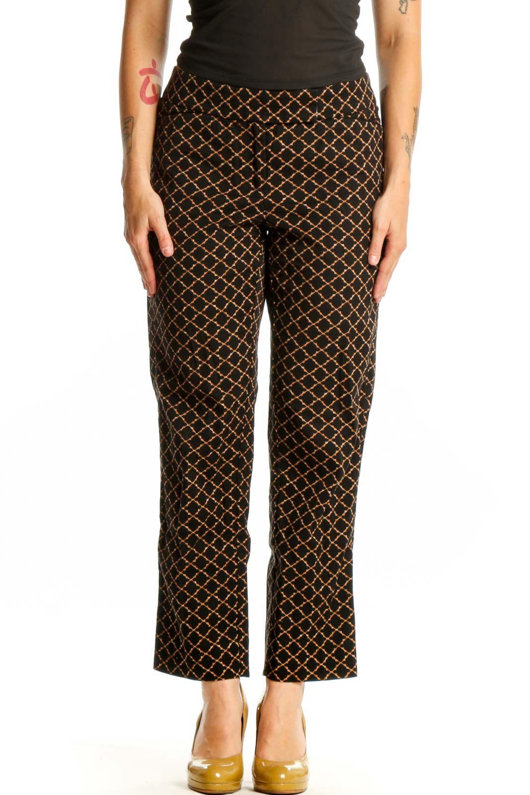 Black and gold geometric print straight leg pants front view