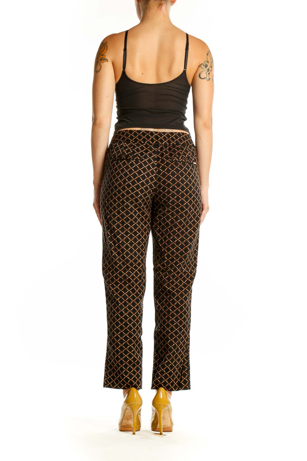 Black and gold geometric print straight leg pants back view