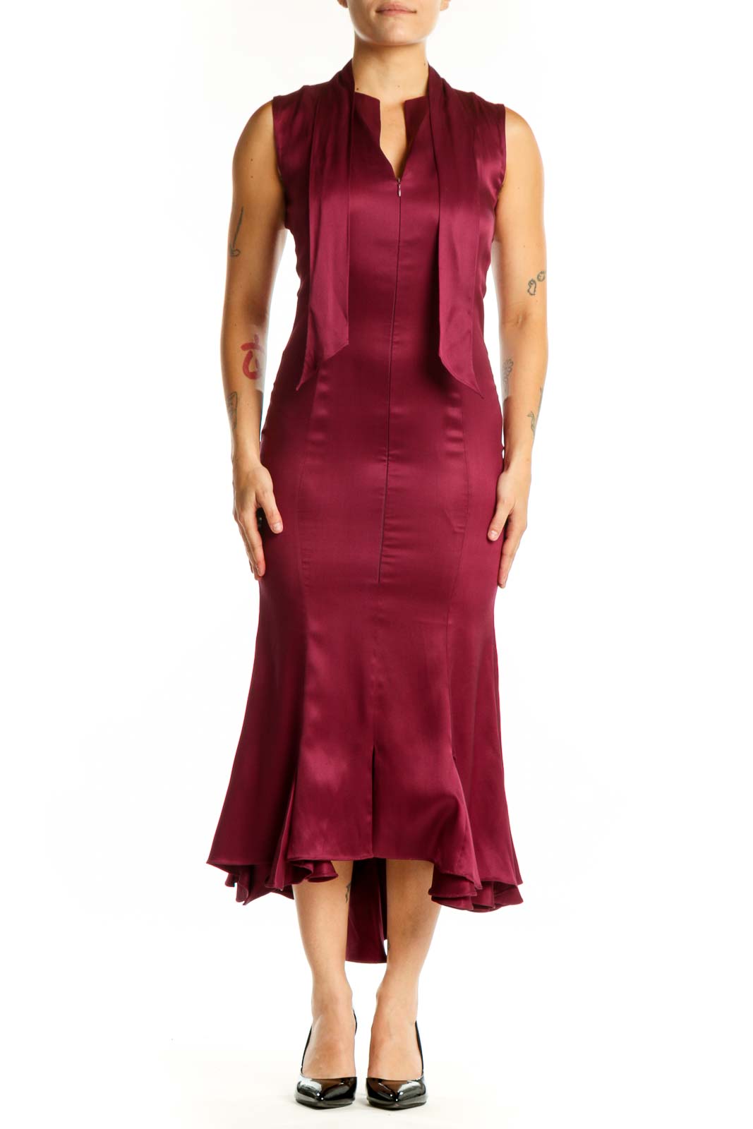Burgundy silk midi dress with V-neckline and matching overlay, front view