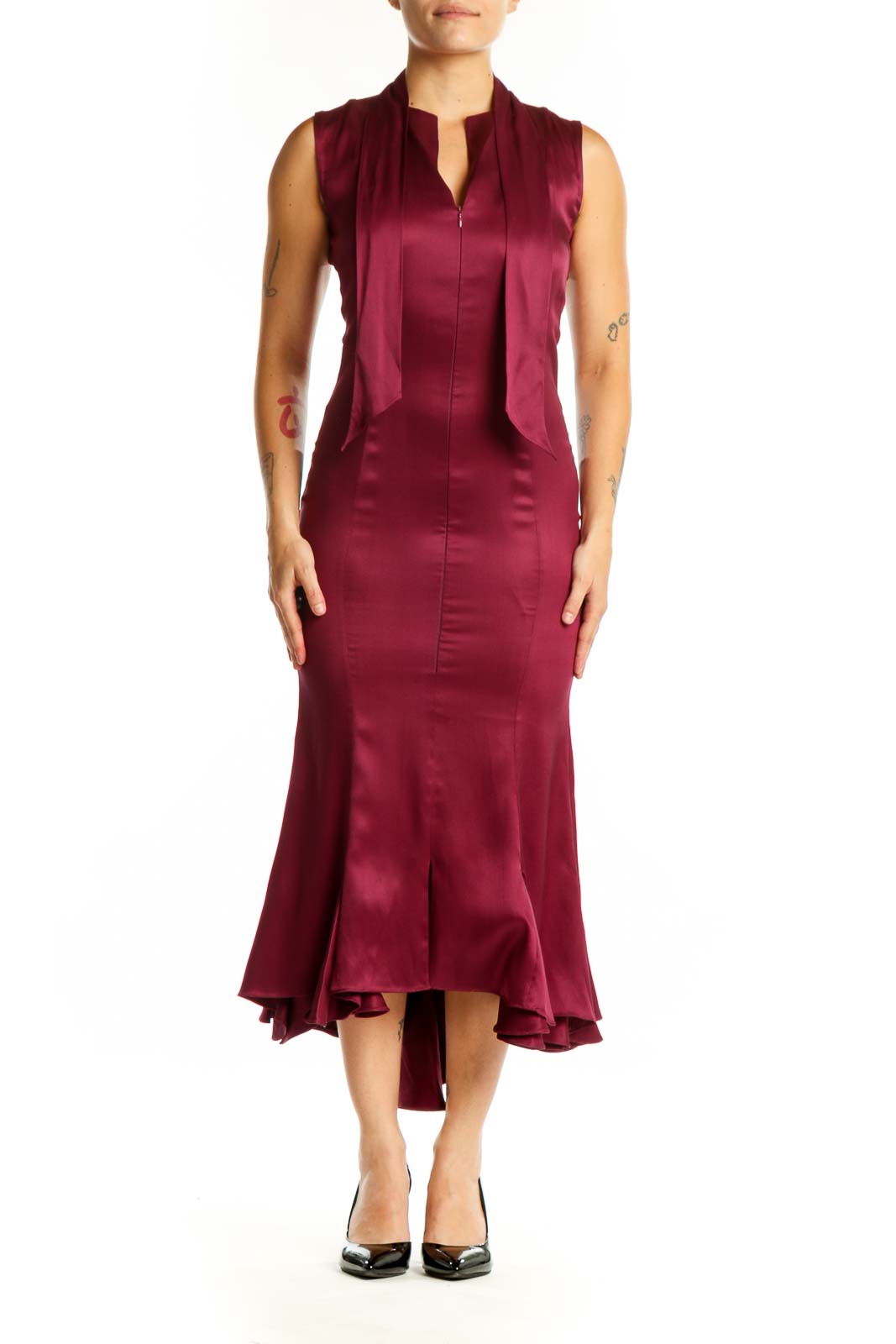 Burgundy silk midi dress with V-neckline and matching overlay, front view