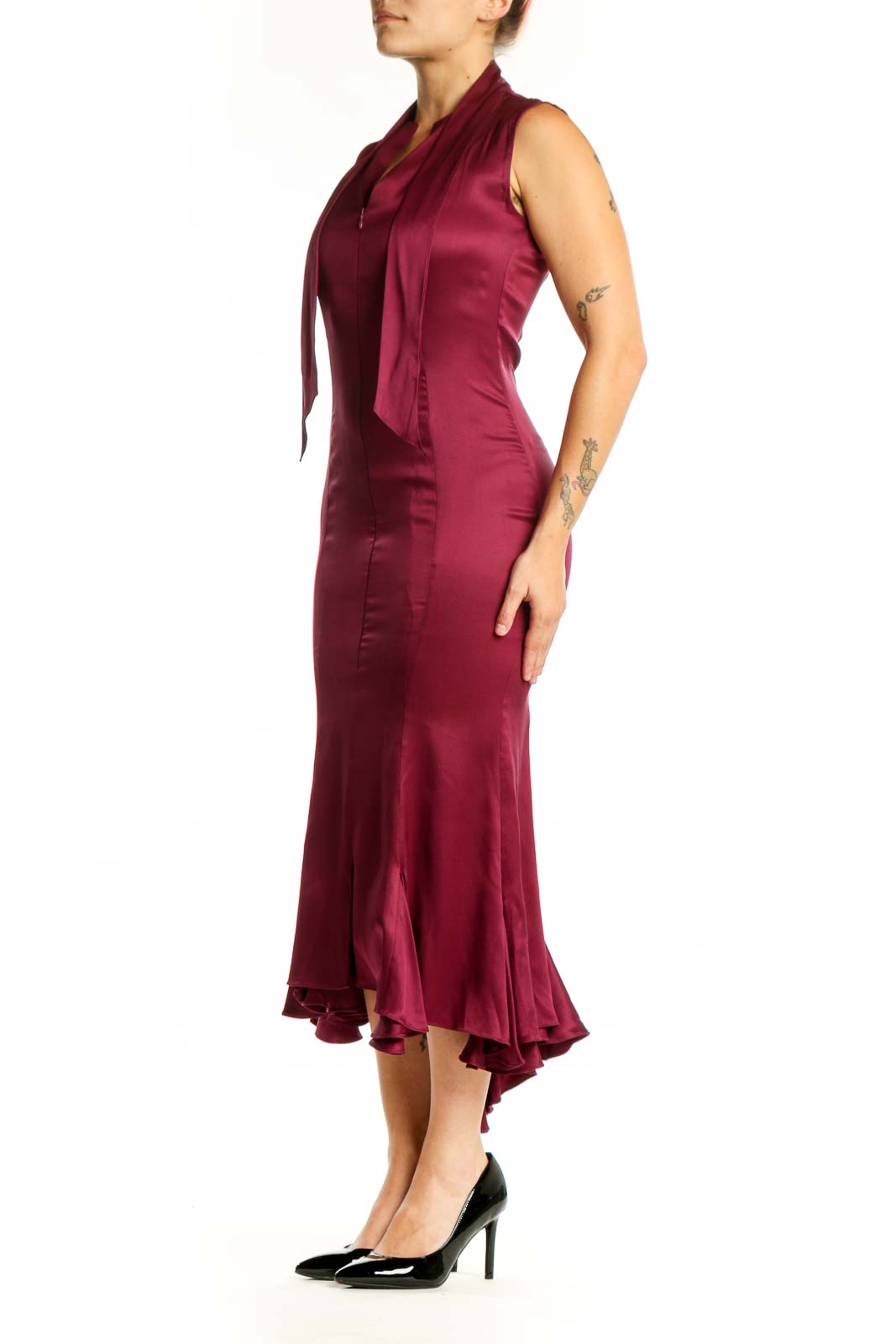 Burgundy silk midi dress with V-neckline and matching overlay, front view