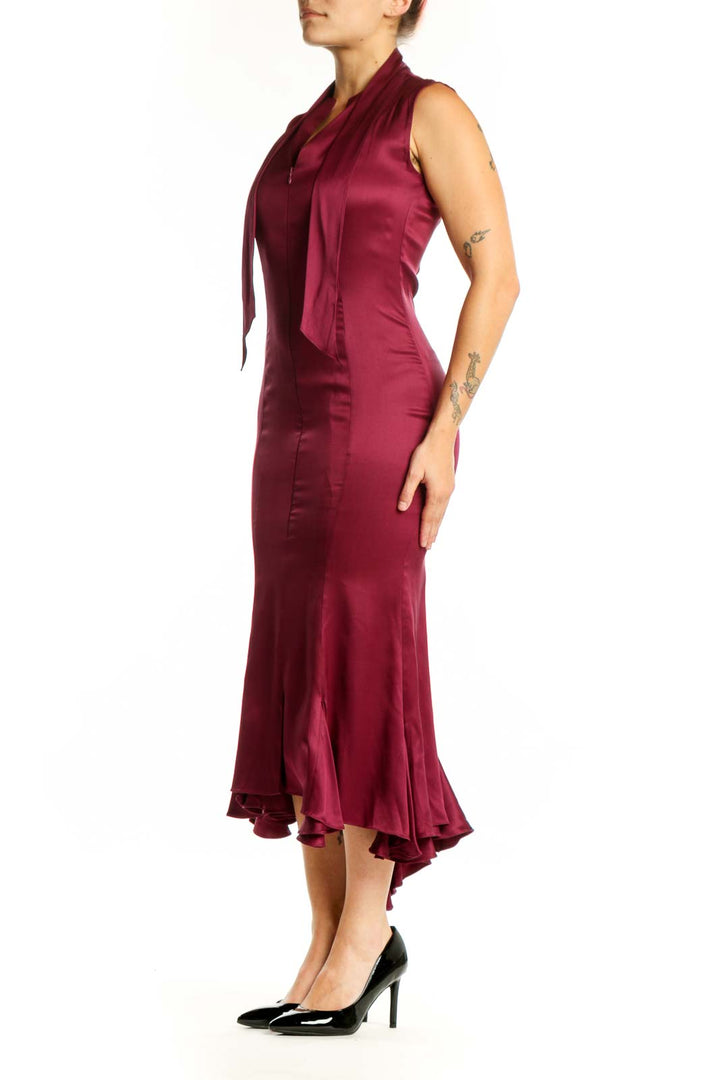 Burgundy silk midi dress with V-neckline and matching overlay, front view