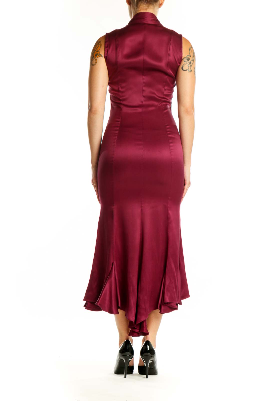 Burgundy silk midi dress with high-low hemline and overlay detail, back view