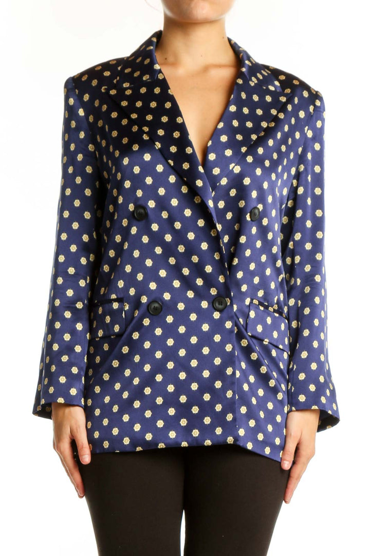 L'AGENCE navy blazer with gold polka dot pattern, double-breasted design, front view