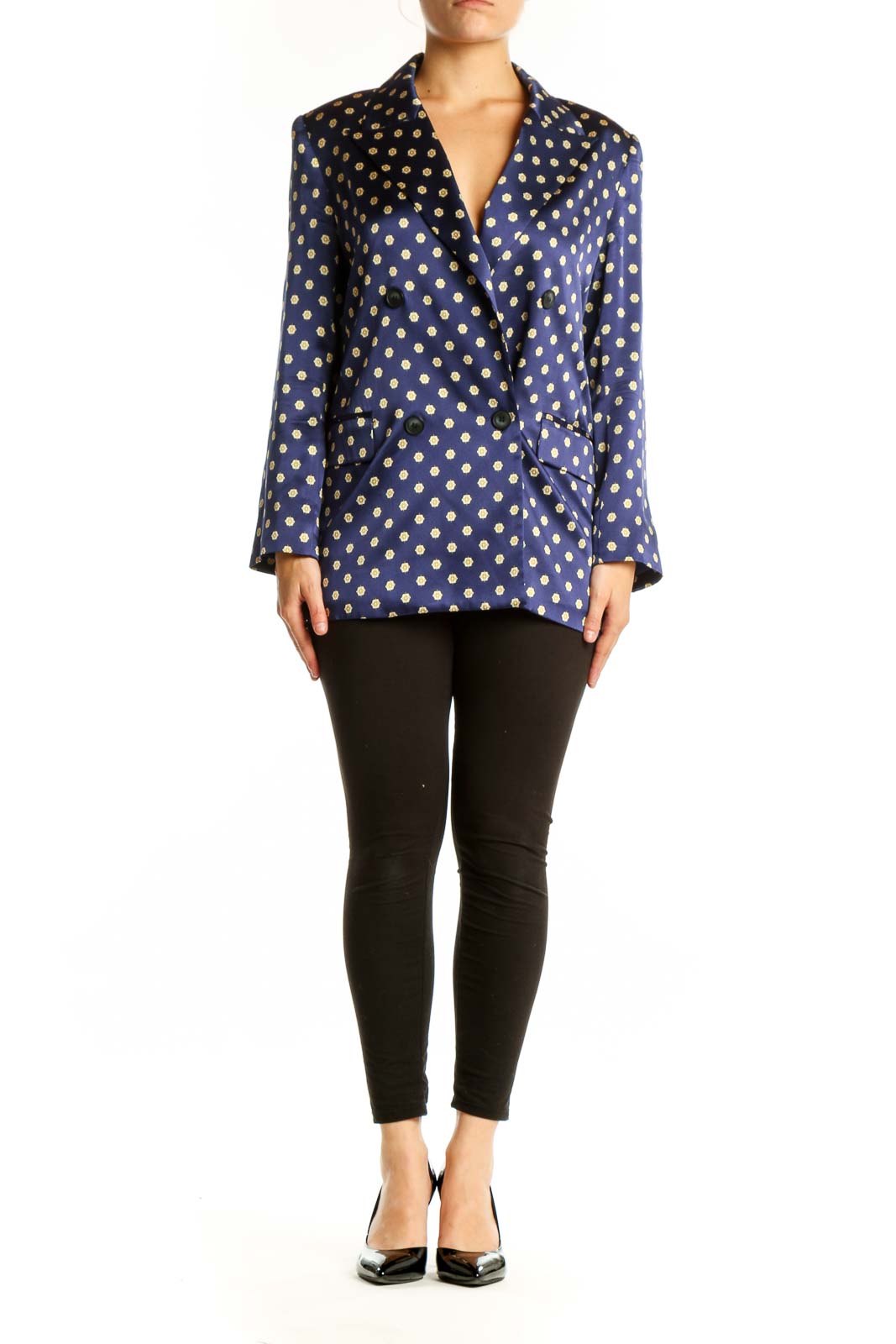 L'AGENCE navy blazer with gold polka dot pattern, double-breasted design, front view