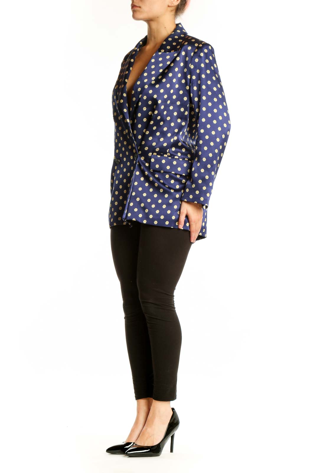 L'AGENCE navy blazer with gold polka dot pattern, double-breasted design, front view