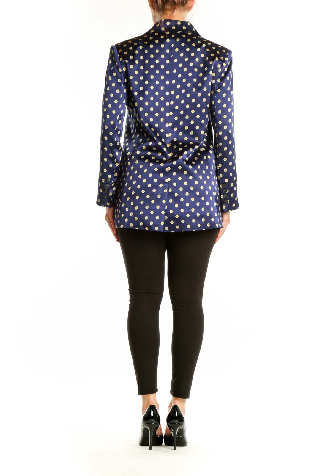 L'AGENCE navy polka dot blazer, back view showing tailored fit and structured silhouette