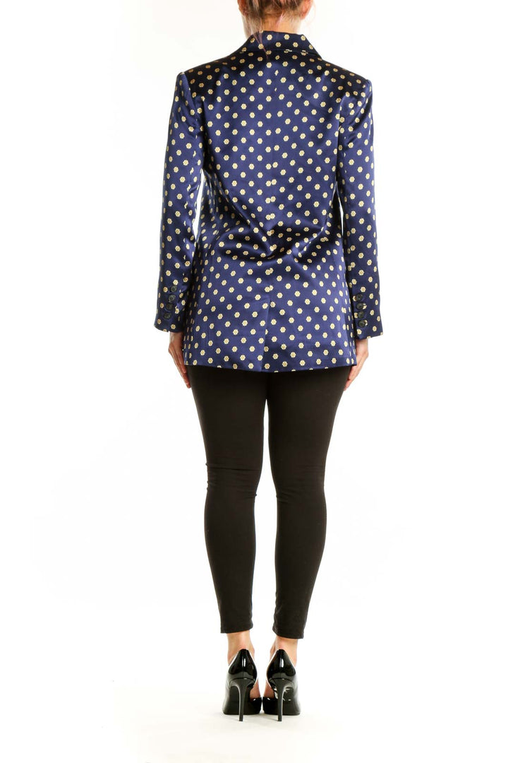 L'AGENCE navy polka dot blazer, back view showing tailored fit and structured silhouette