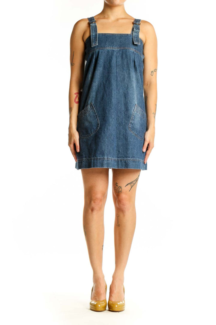 Blue denim sleeveless shift dress with square neckline and patch pockets, front view
