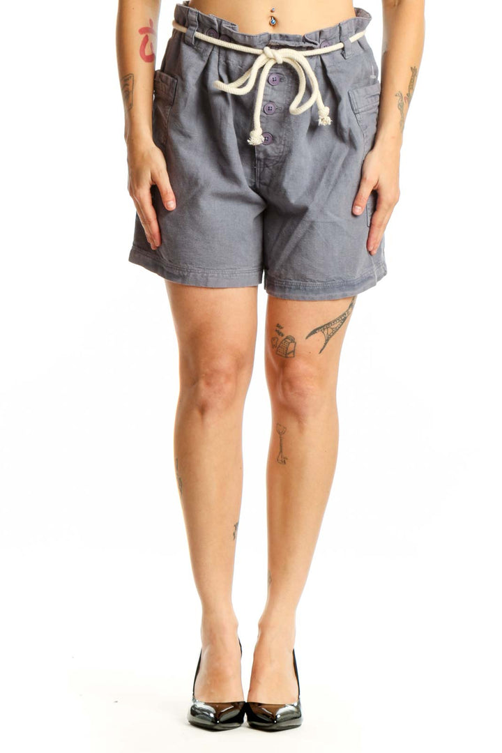 Gray linen cotton drawstring shorts with cream cord detail and front pockets, front view