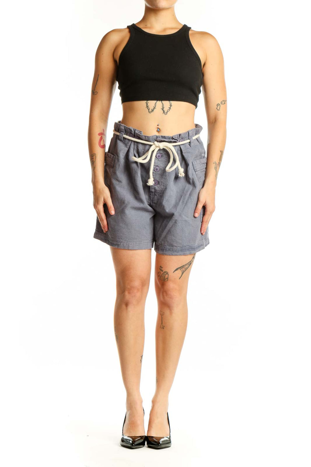 Gray linen cotton drawstring shorts with cream cord detail and front pockets, front view