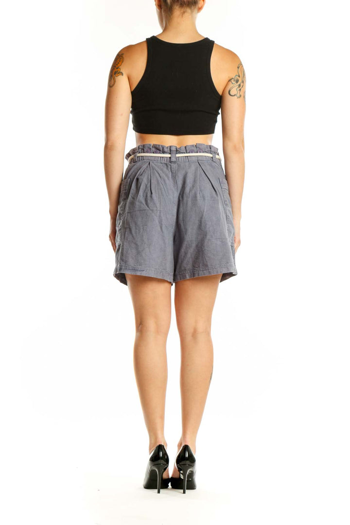 Gray linen cotton drawstring shorts with relaxed fit, back view