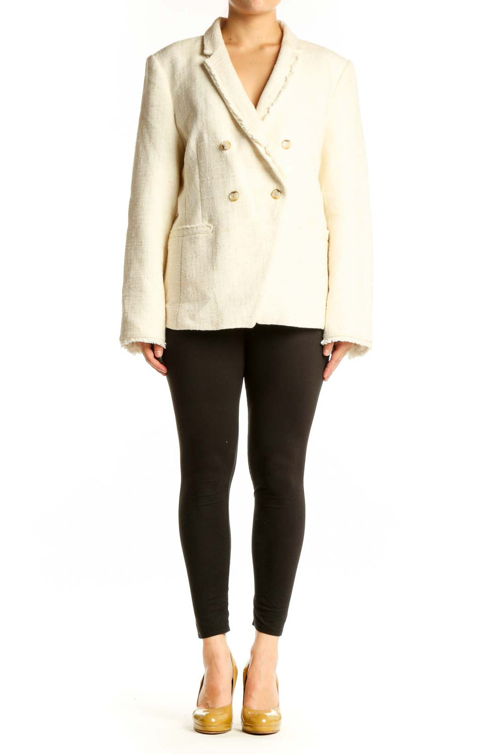 Cream double-breasted blazer with gold buttons and notch lapel collar, front view