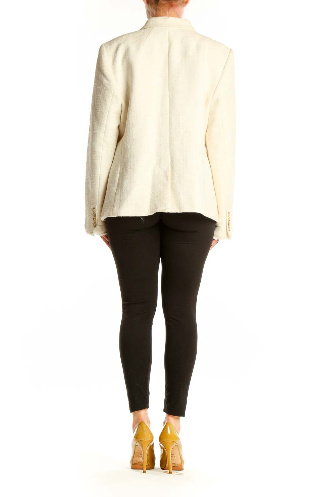 Cream double-breasted blazer with frayed edges, back view