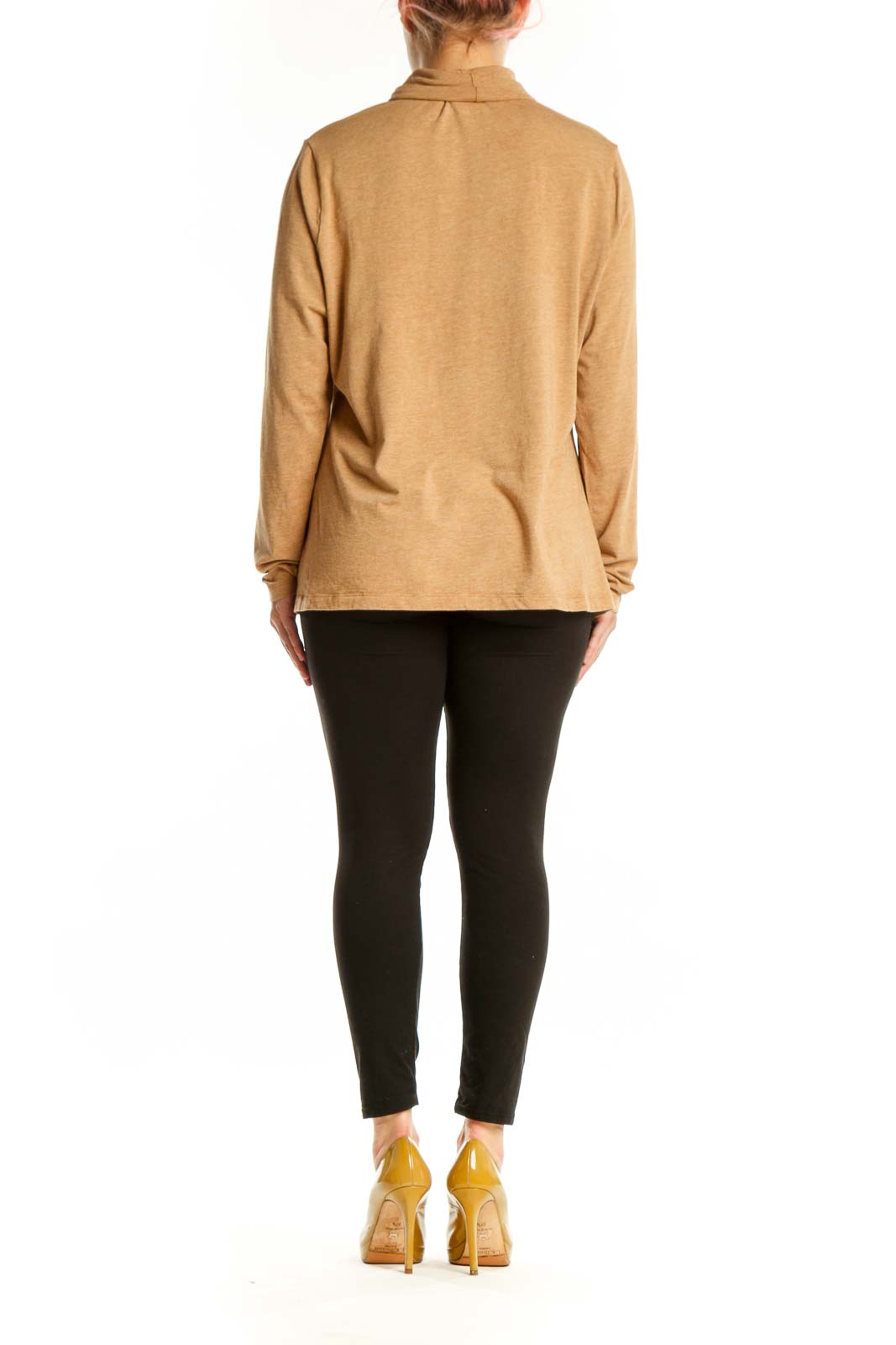 Back view of camel turtleneck long sleeve top showing relaxed silhouette and length