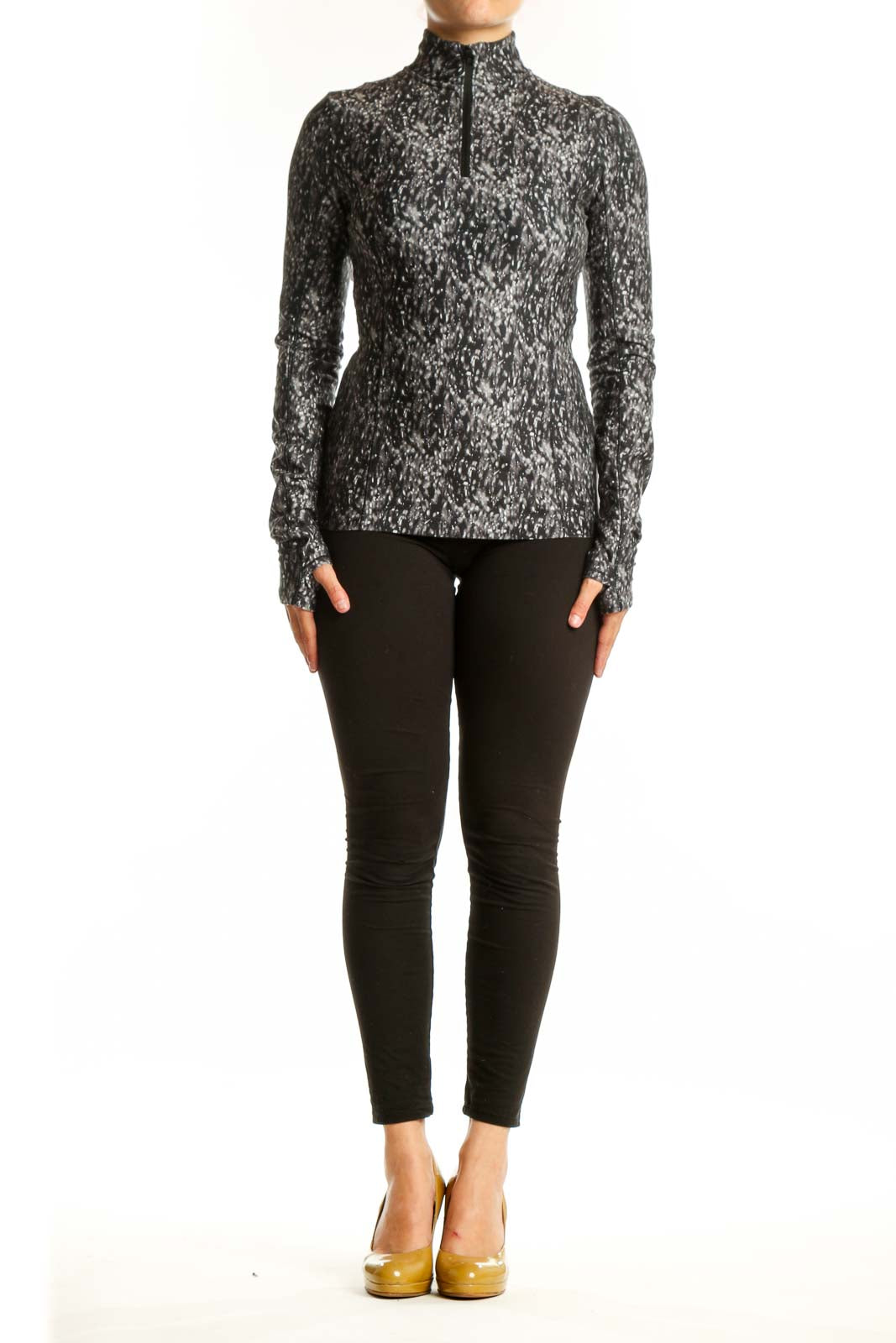 Calia gray speckled quarter-zip activewear top front view, fitted long sleeve design