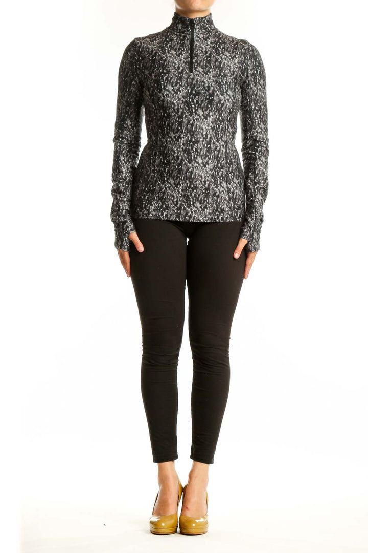 Calia gray speckled quarter-zip activewear top front view, fitted long sleeve design