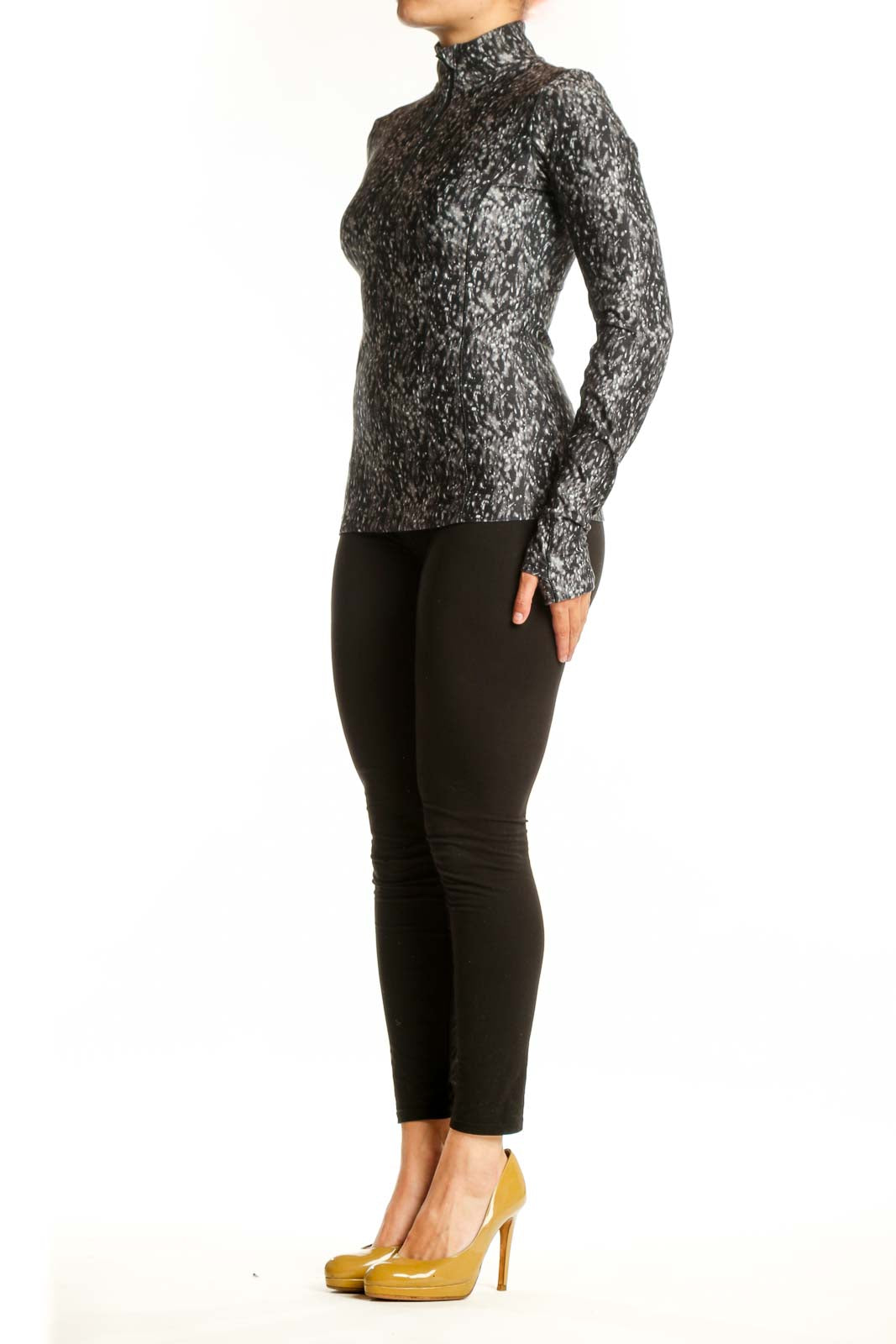 Calia gray speckled quarter-zip activewear top front view, fitted long sleeve design