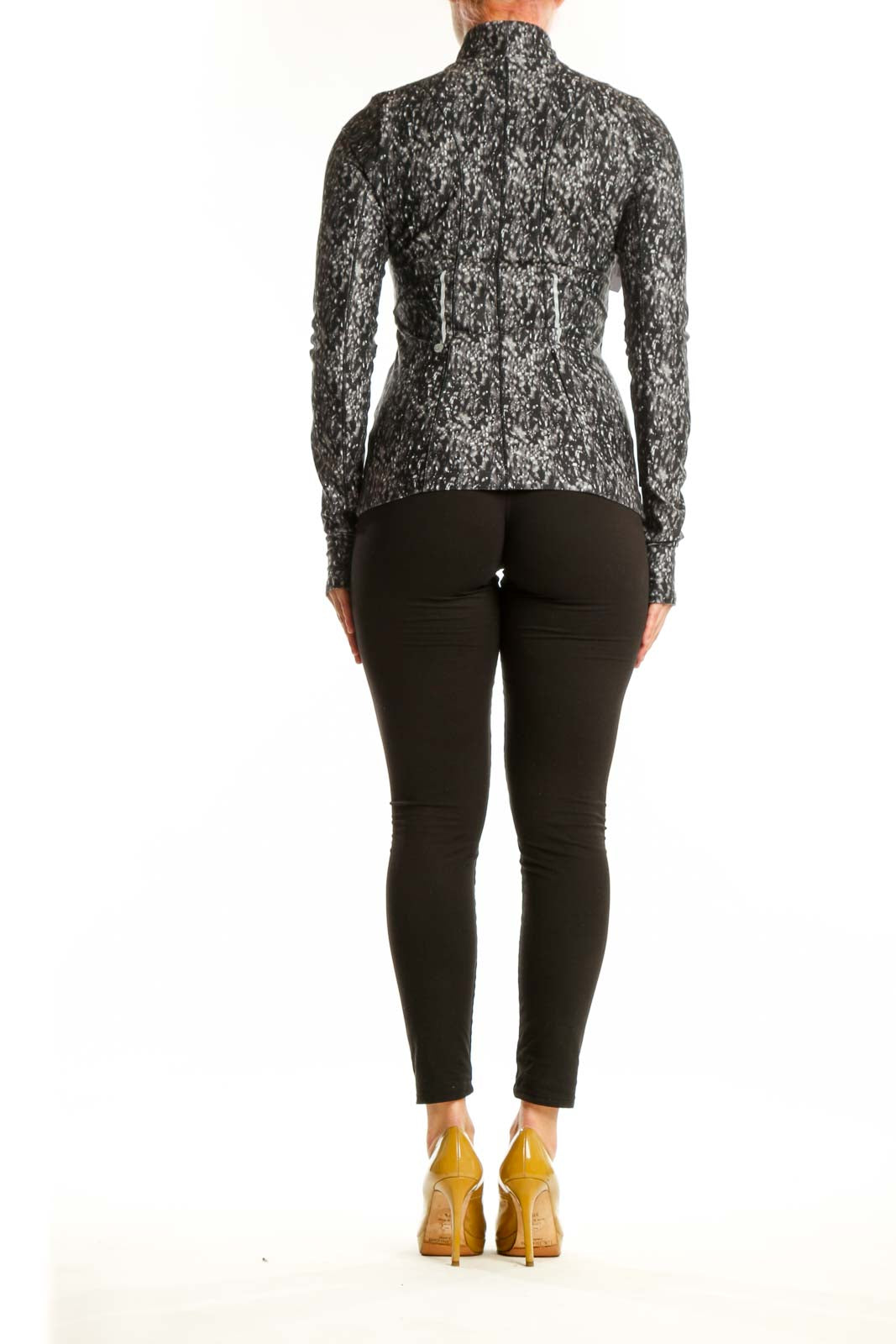 Calia gray speckled quarter-zip activewear top back view, showing fitted silhouette and long sleeves