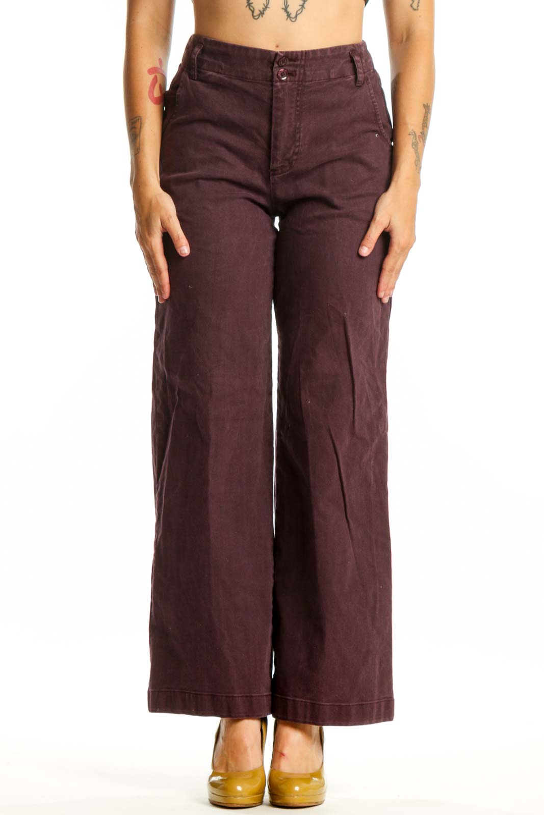 Front view of burgundy wide-leg pants by Young Fabulous & Broke, size XS, featuring classic five-pocket design and flattering high-waist silhouette