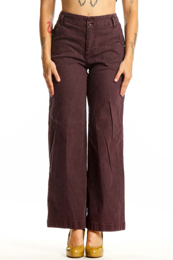 Front view of burgundy wide-leg pants by Young Fabulous & Broke, size XS, featuring classic five-pocket design and flattering high-waist silhouette