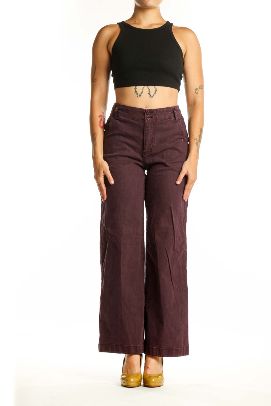 Front view of burgundy wide-leg pants by Young Fabulous & Broke, size XS, featuring classic five-pocket design and flattering high-waist silhouette