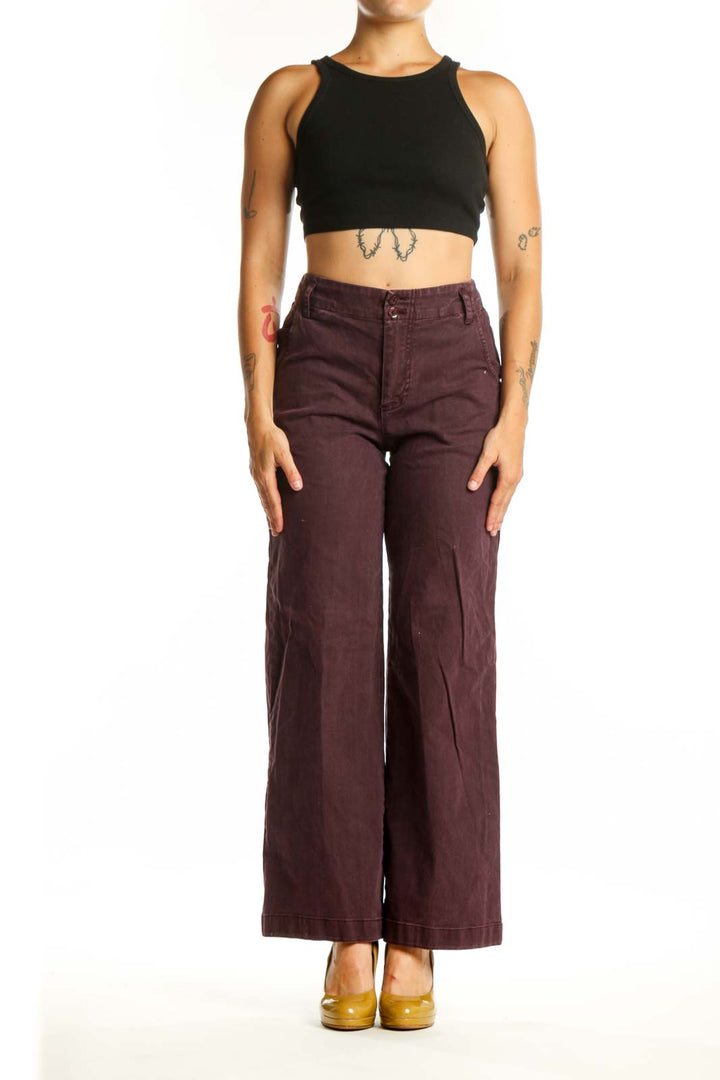 Front view of burgundy wide-leg pants by Young Fabulous & Broke, size XS, featuring classic five-pocket design and flattering high-waist silhouette