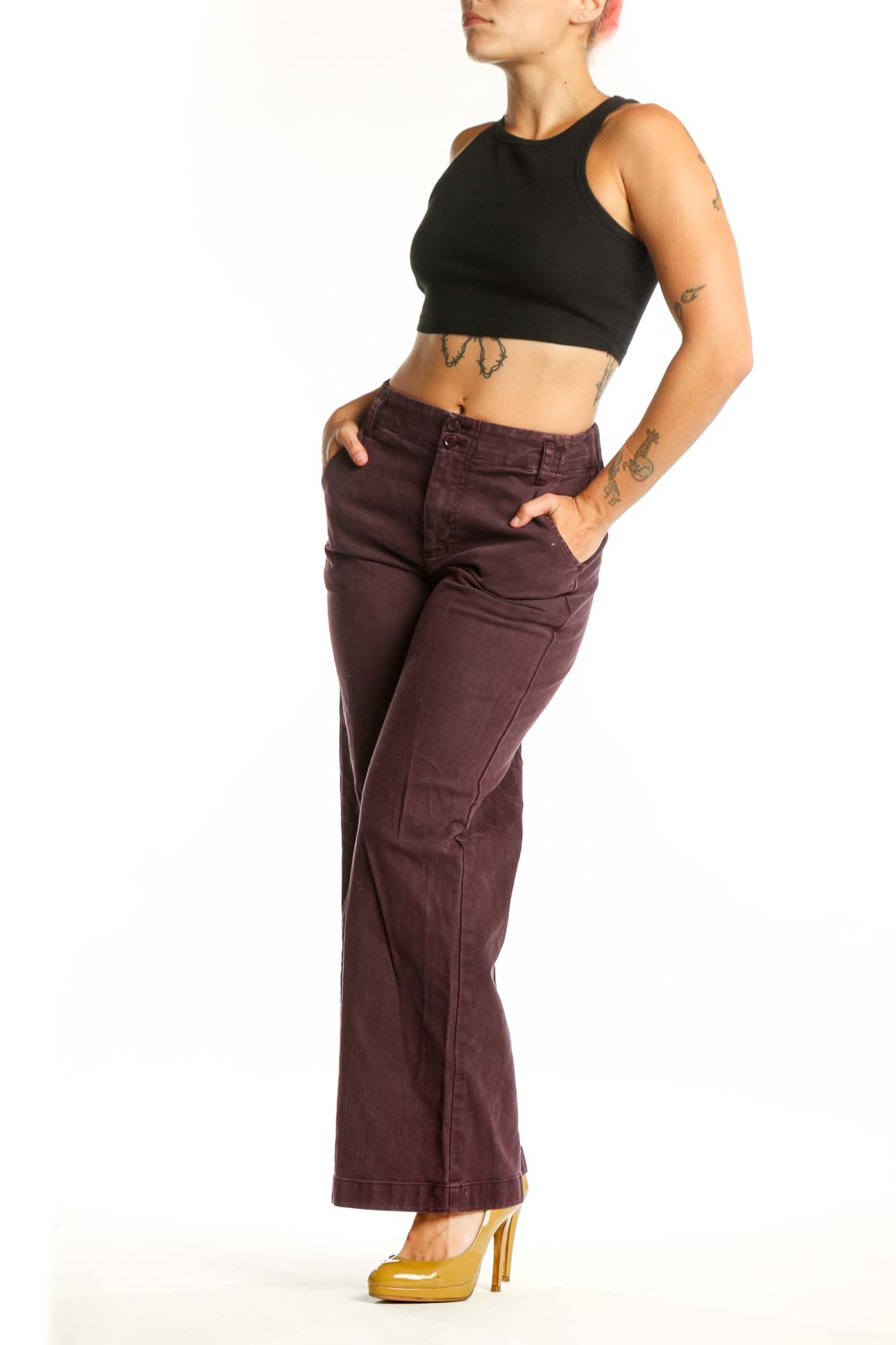 Front view of burgundy wide-leg pants by Young Fabulous & Broke, size XS, featuring classic five-pocket design and flattering high-waist silhouette