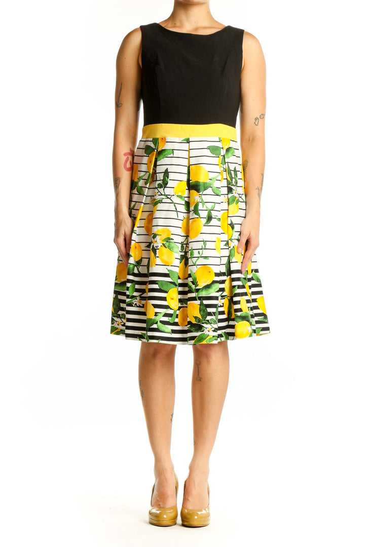 Black sleeveless bodice with yellow lemon print and striped fit-and-flare skirt dress front view