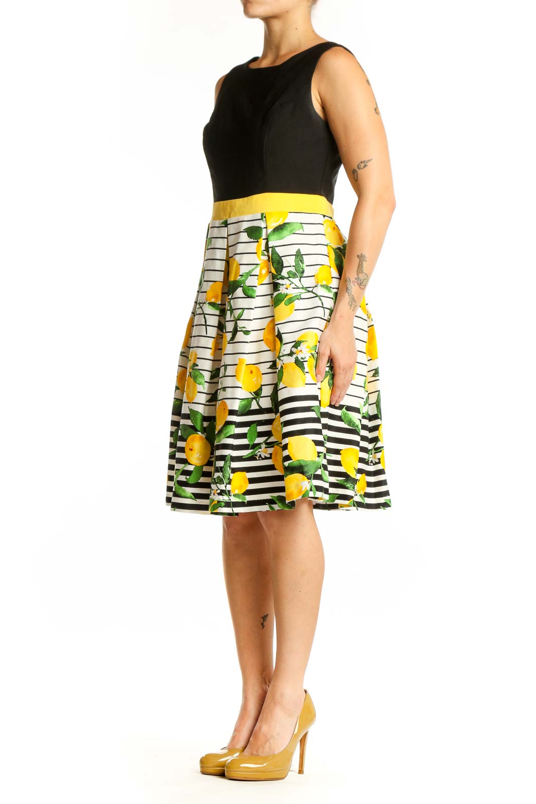Black sleeveless bodice with yellow lemon print and striped fit-and-flare skirt dress front view