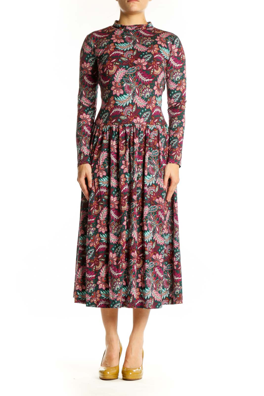 Front view of burgundy floral long sleeve LOFT midi dress with pleated skirt and crew neckline