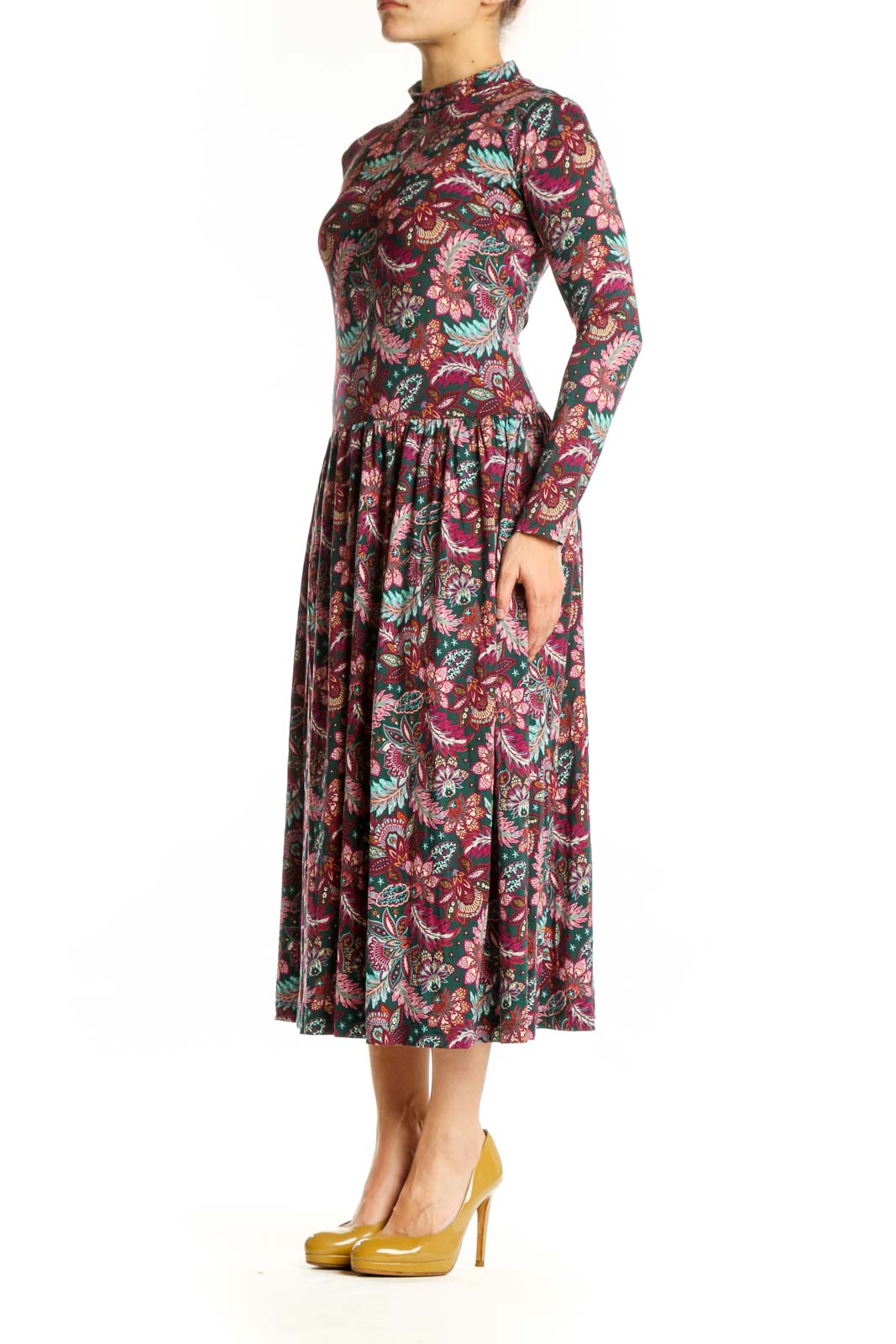 Front view of burgundy floral long sleeve LOFT midi dress with pleated skirt and crew neckline