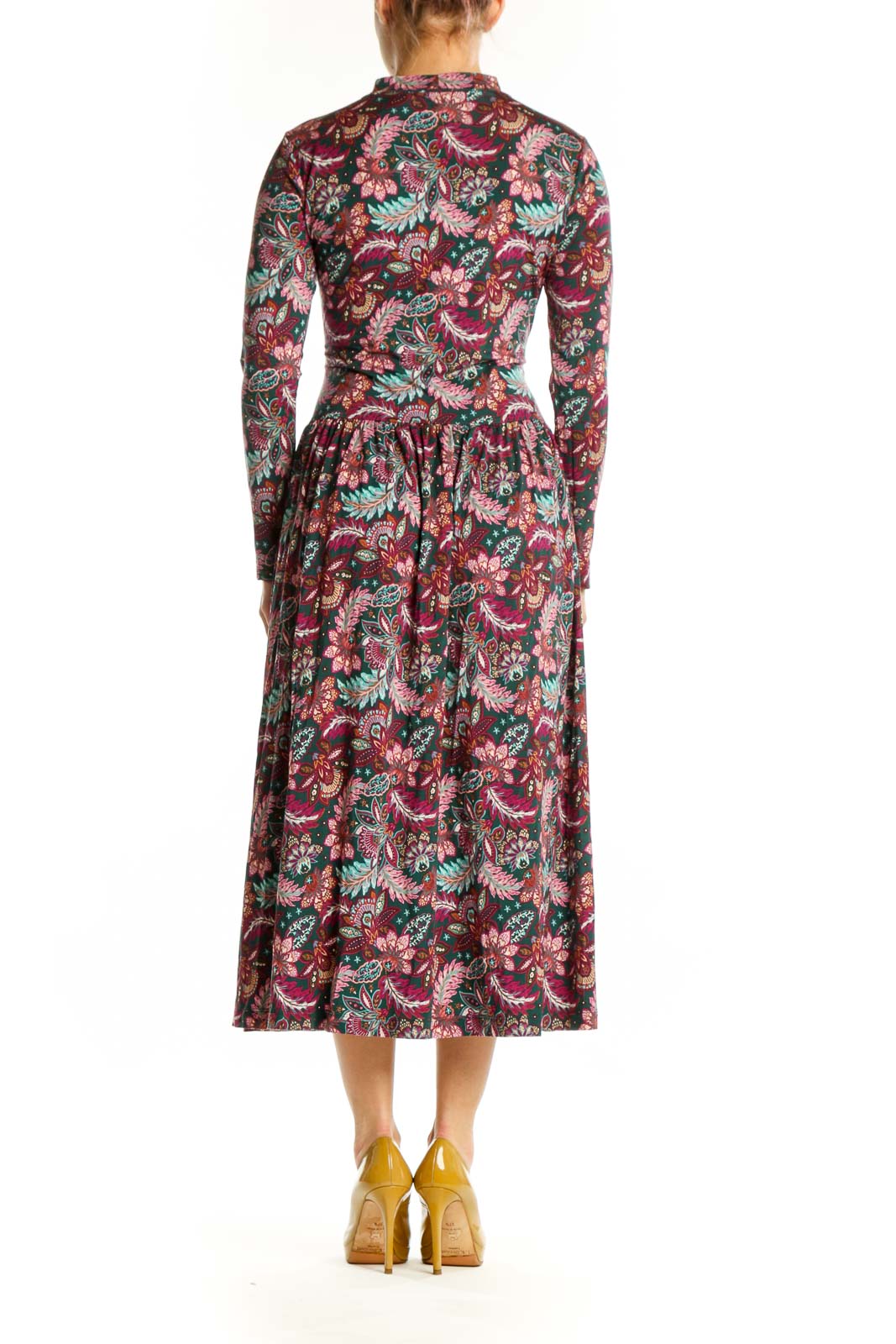 Back view of burgundy floral LOFT midi dress showing long sleeves and flowing pleated skirt design