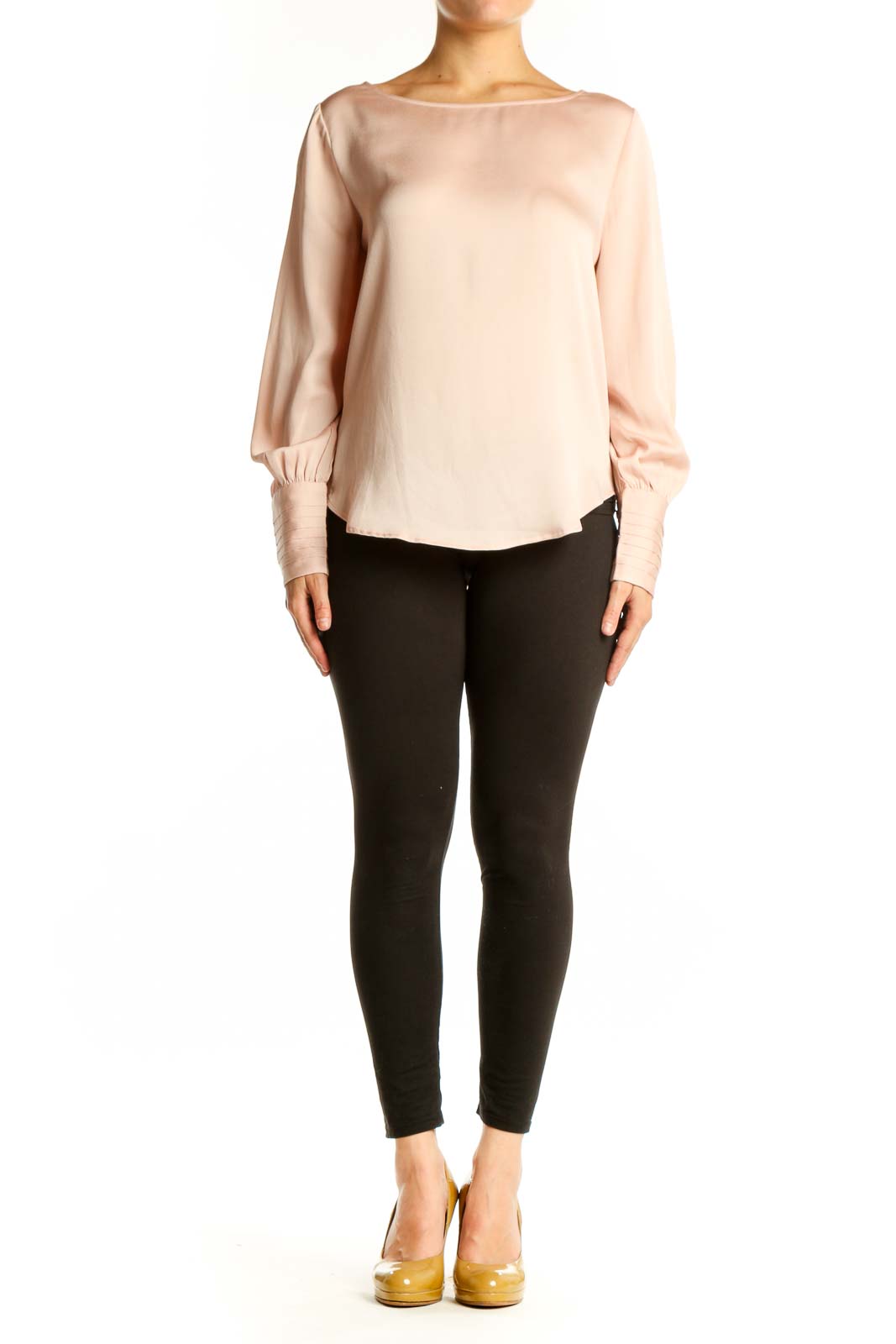 Ann Taylor cream polyester blouse with long sleeves and gathered cuffs, front view