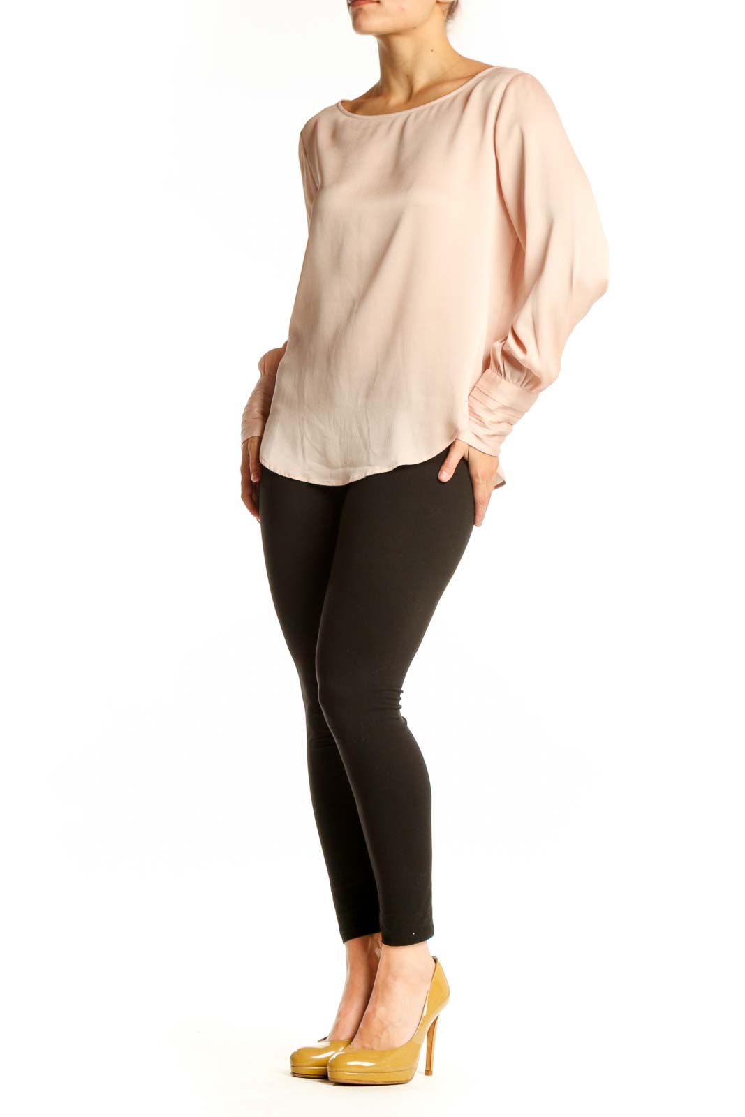 Ann Taylor cream polyester blouse with long sleeves and gathered cuffs, front view