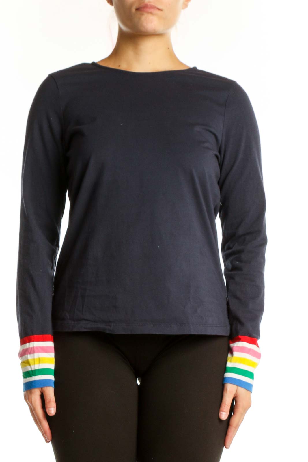 Navy cotton long-sleeve top with rainbow striped cuffs, front view