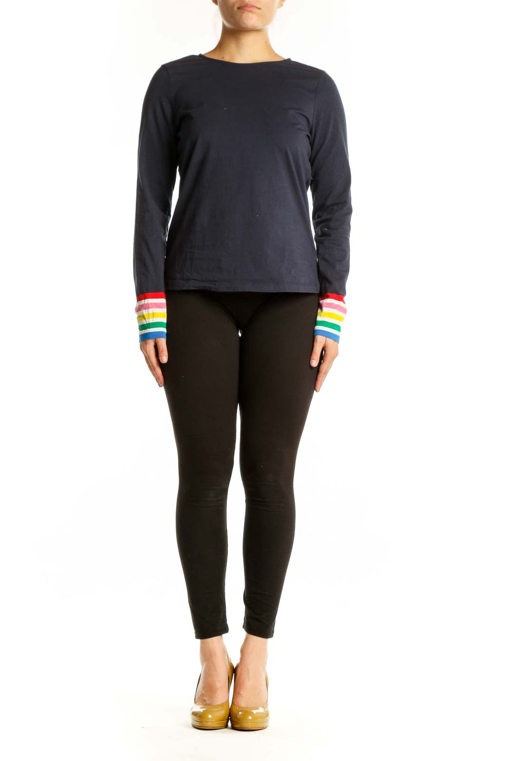 Navy cotton long-sleeve top with rainbow striped cuffs, front view