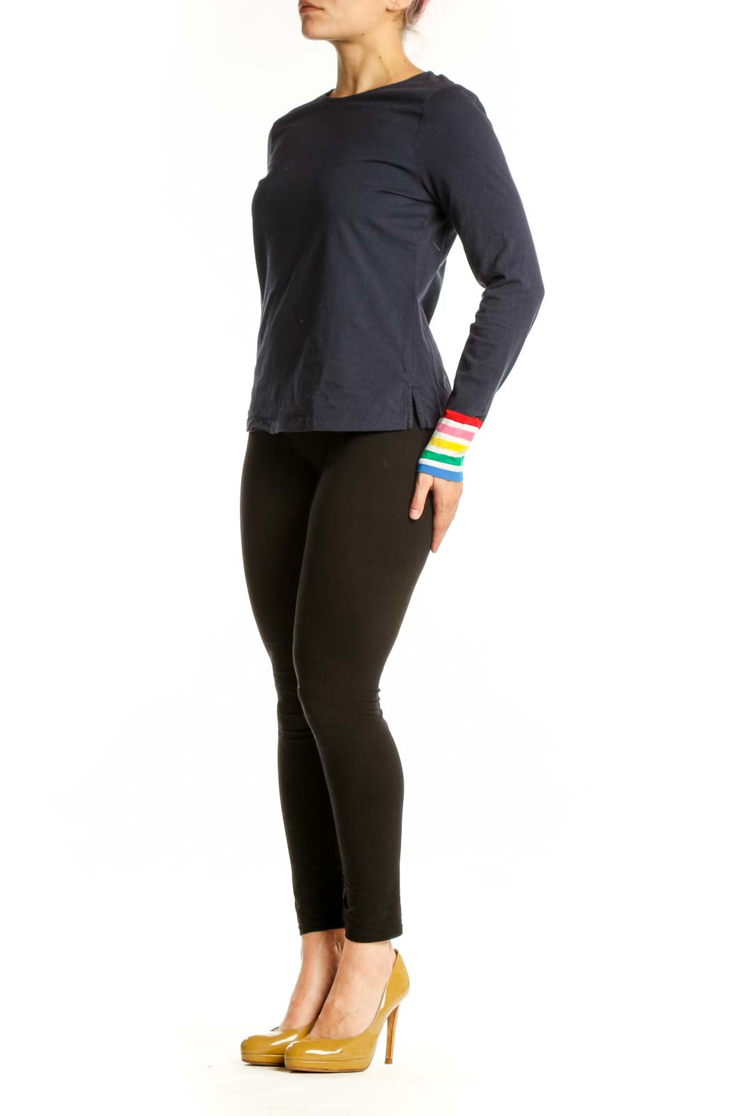 Navy cotton long-sleeve top with rainbow striped cuffs, front view