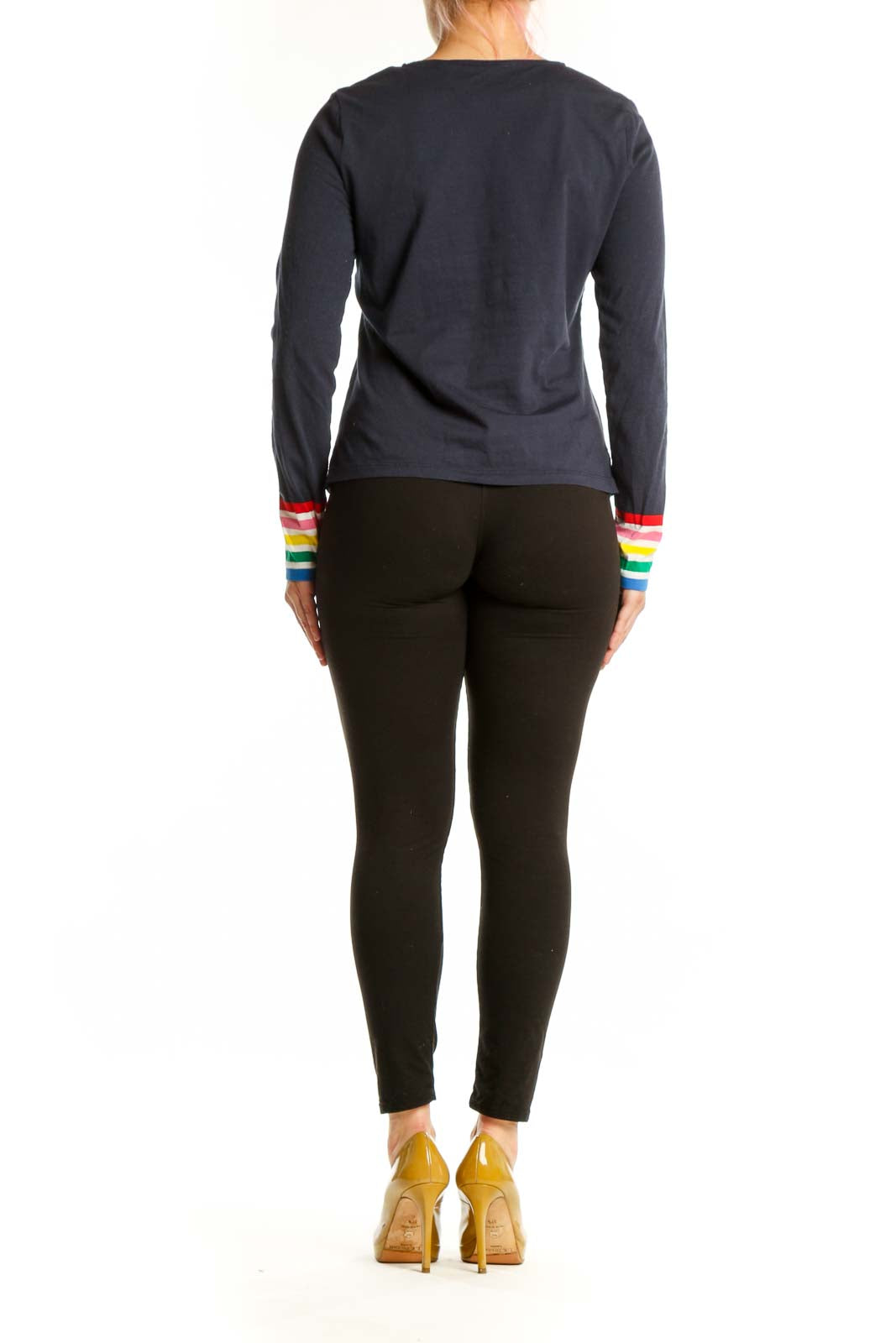 Navy cotton long-sleeve top with rainbow striped cuffs, back view
