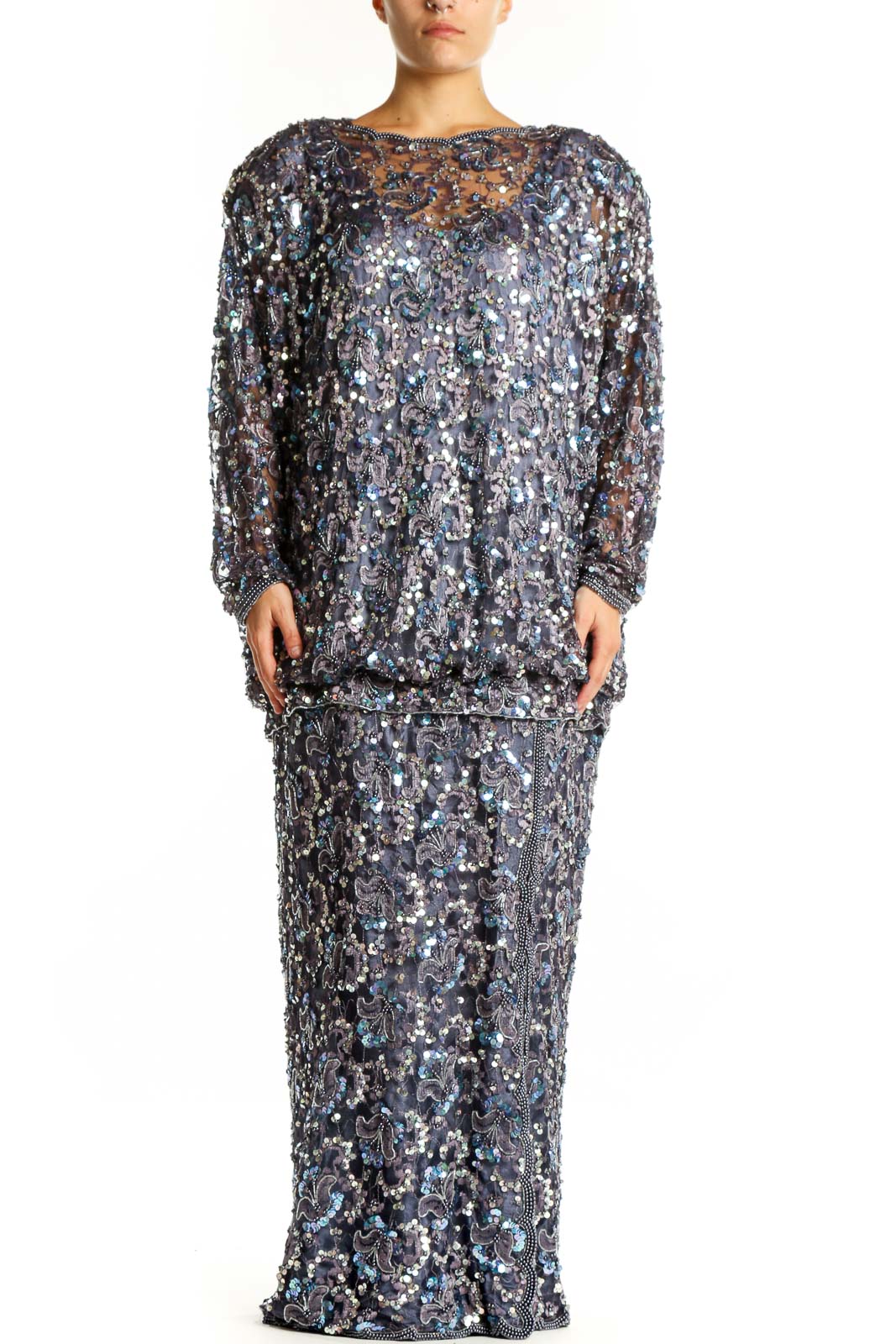 Silver sequin plus-size evening gown with long sleeves and tiered maxi length by Judith Ann Plus