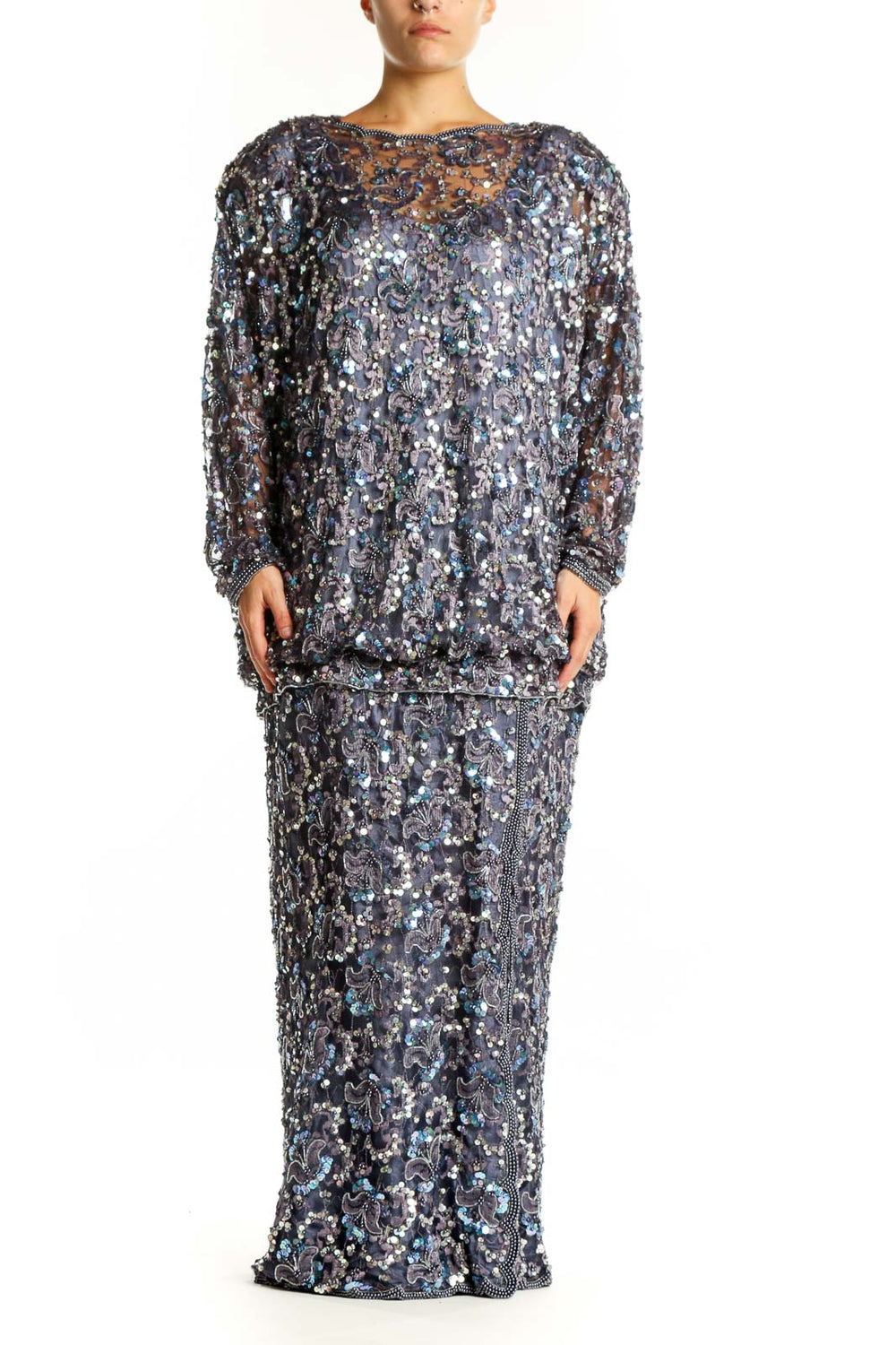 Silver sequin plus-size evening gown with long sleeves and tiered maxi length by Judith Ann Plus