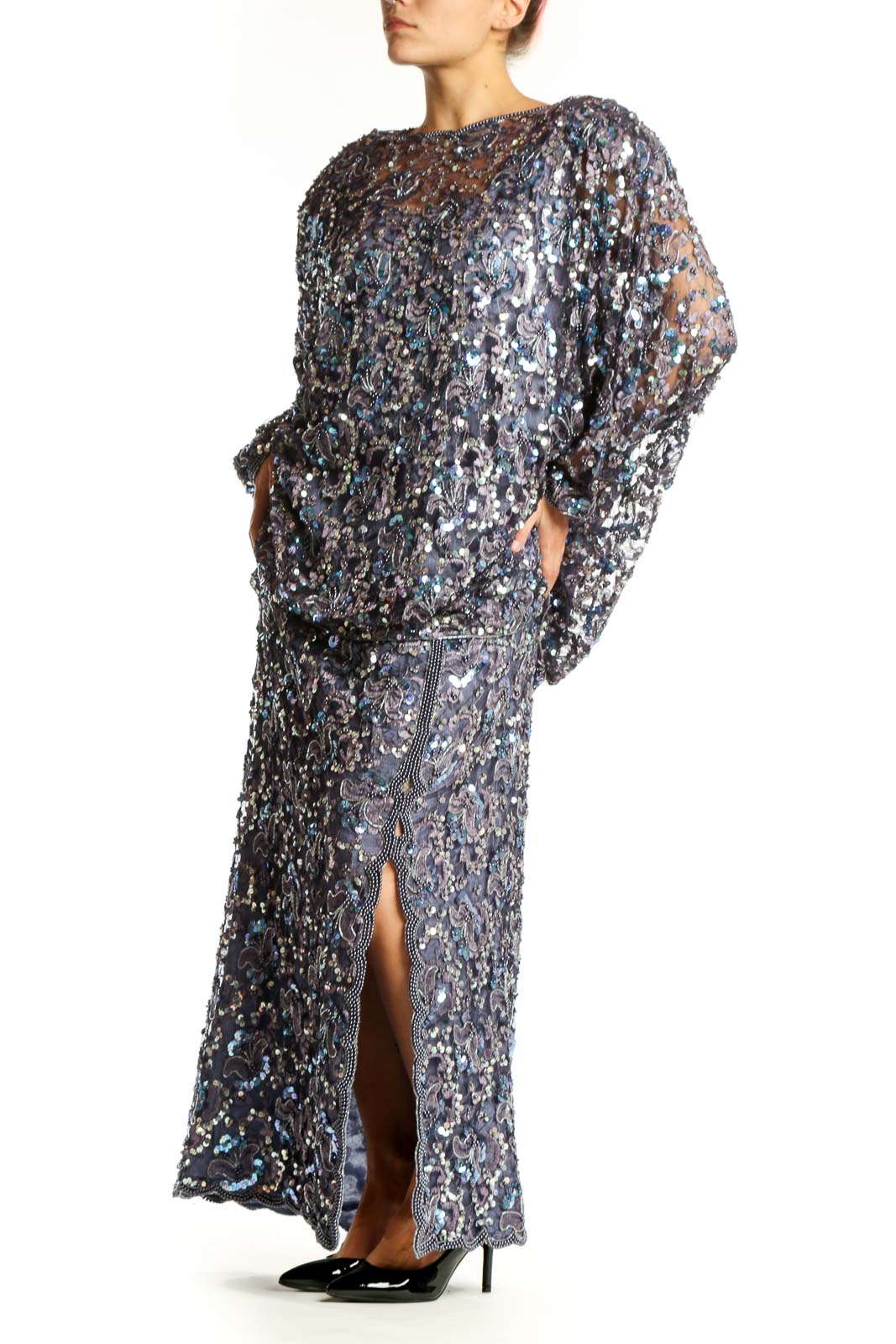 Silver sequin plus-size evening gown with long sleeves and tiered maxi length by Judith Ann Plus