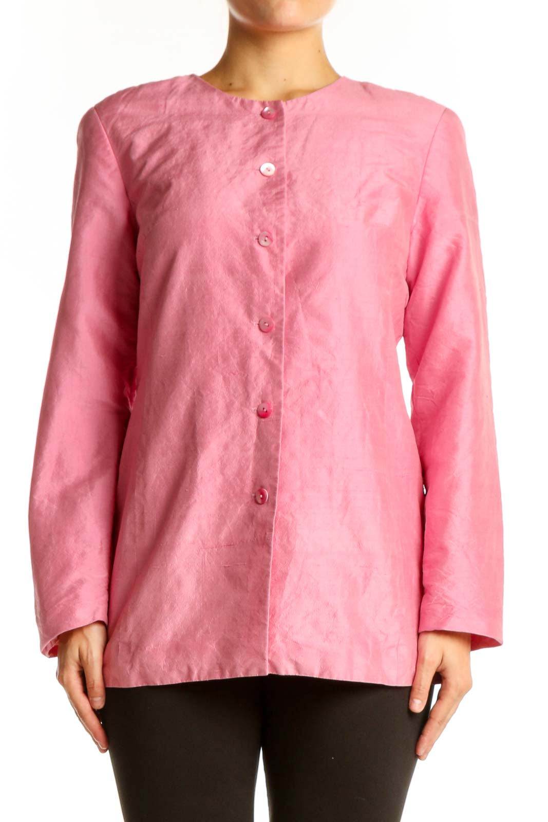 Pink button-front basic jacket by Neiman Marcus, front view on model
