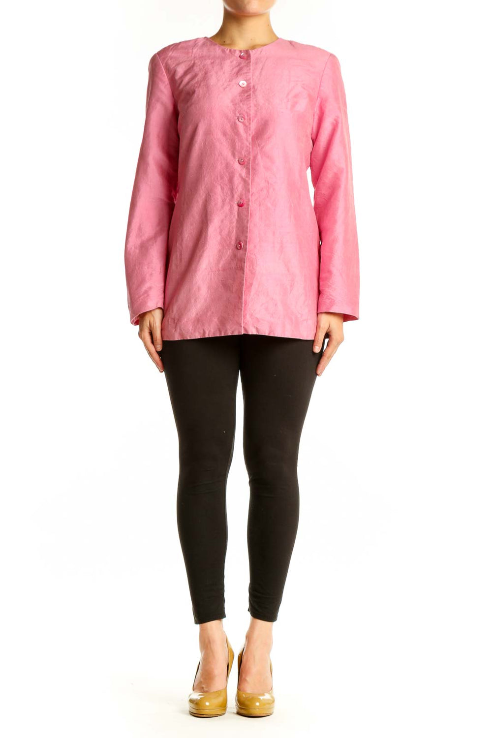 Pink button-front basic jacket by Neiman Marcus, front view on model