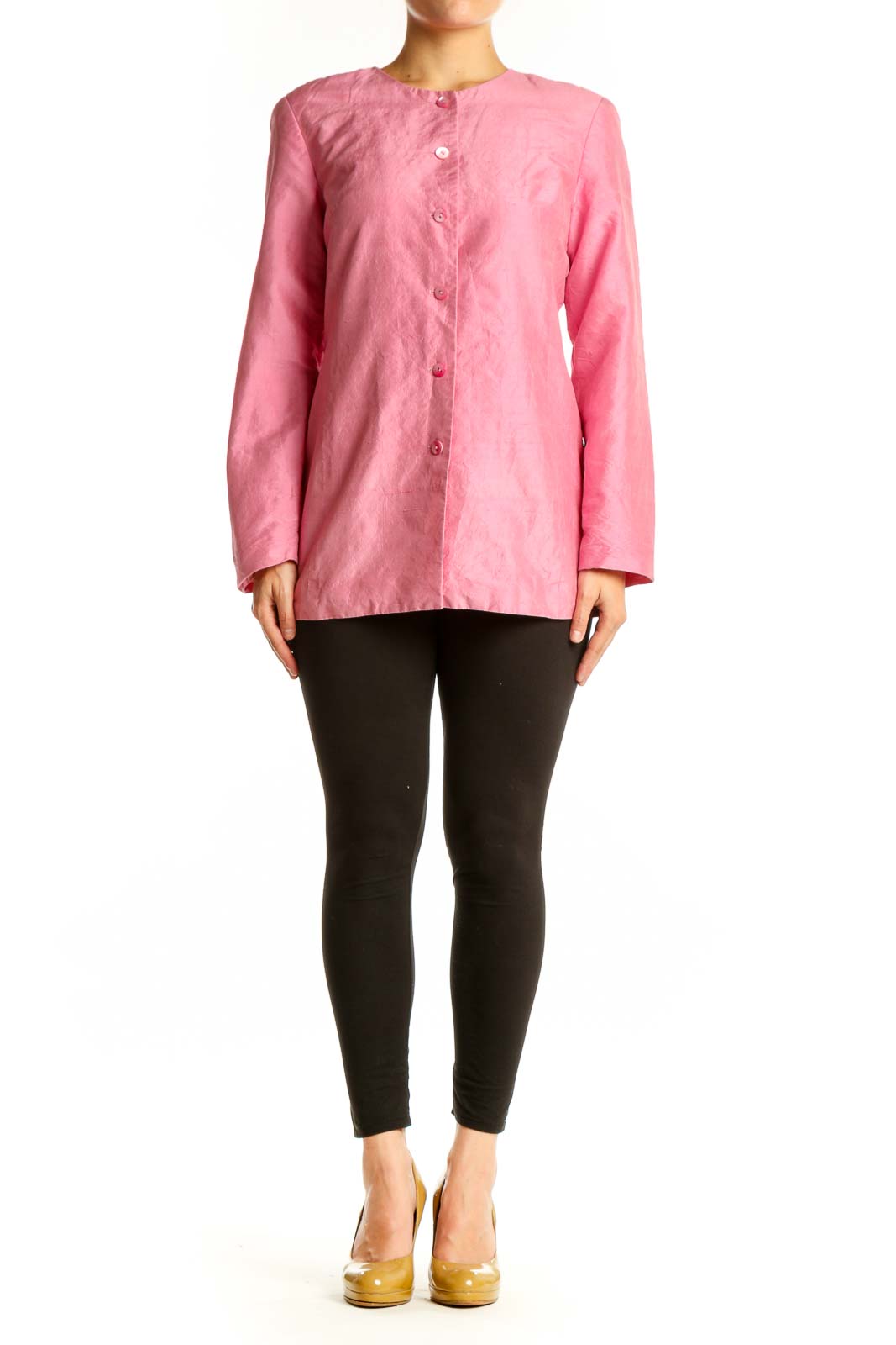 Pink button-front basic jacket by Neiman Marcus, front view on model