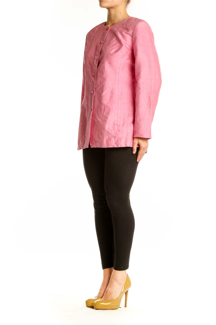 Pink button-front basic jacket by Neiman Marcus, front view on model