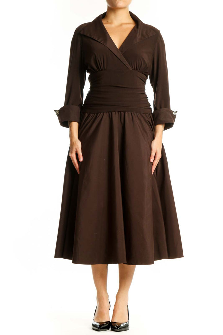 Front view of brown wrap midi dress with ruched waist and A-line skirt by Jessica Howard