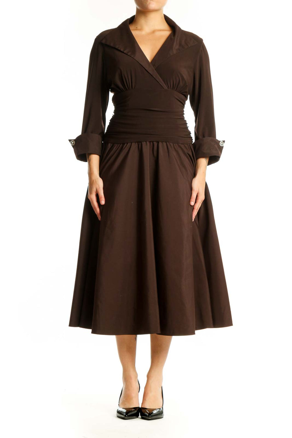 Front view of brown wrap midi dress with ruched waist and A-line skirt by Jessica Howard