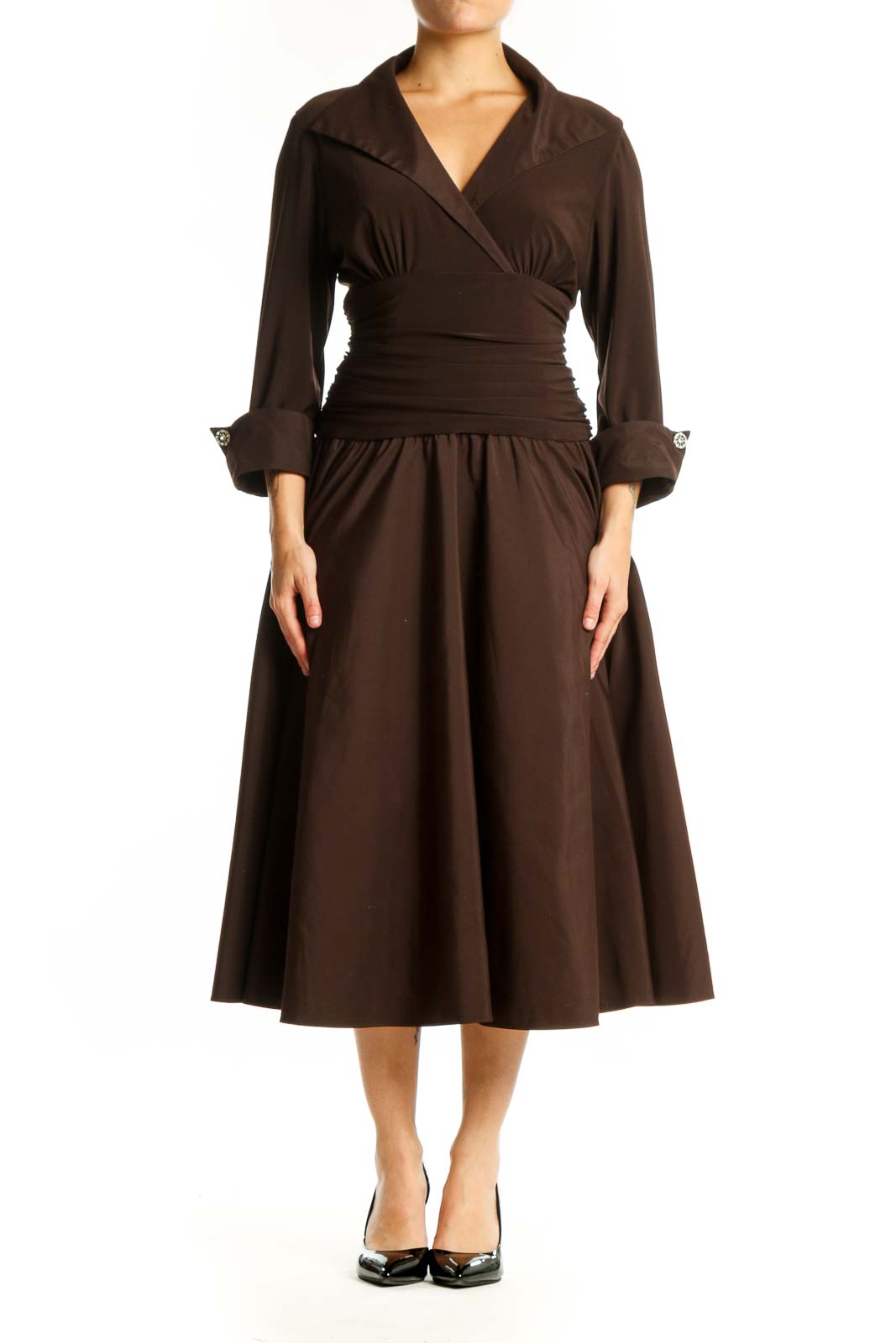 Front view of brown wrap midi dress with ruched waist and A-line skirt by Jessica Howard